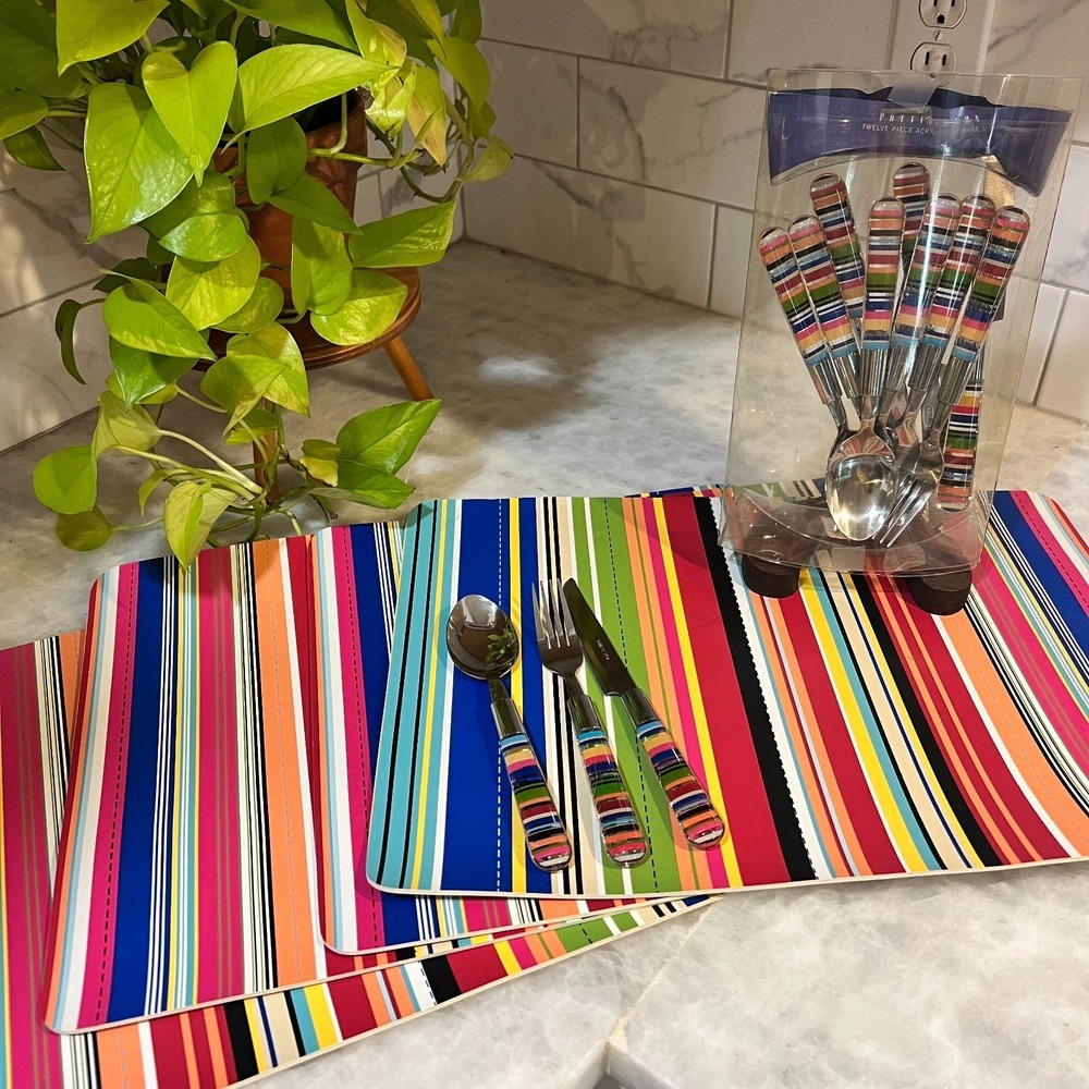 Pottery Barn Al Fresco Stripe Placemats & Acrylic Flatware Summer Table Set